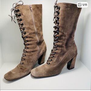 MIU MIU Lace Up Suede Heeled Boots with Zipper Size 39
